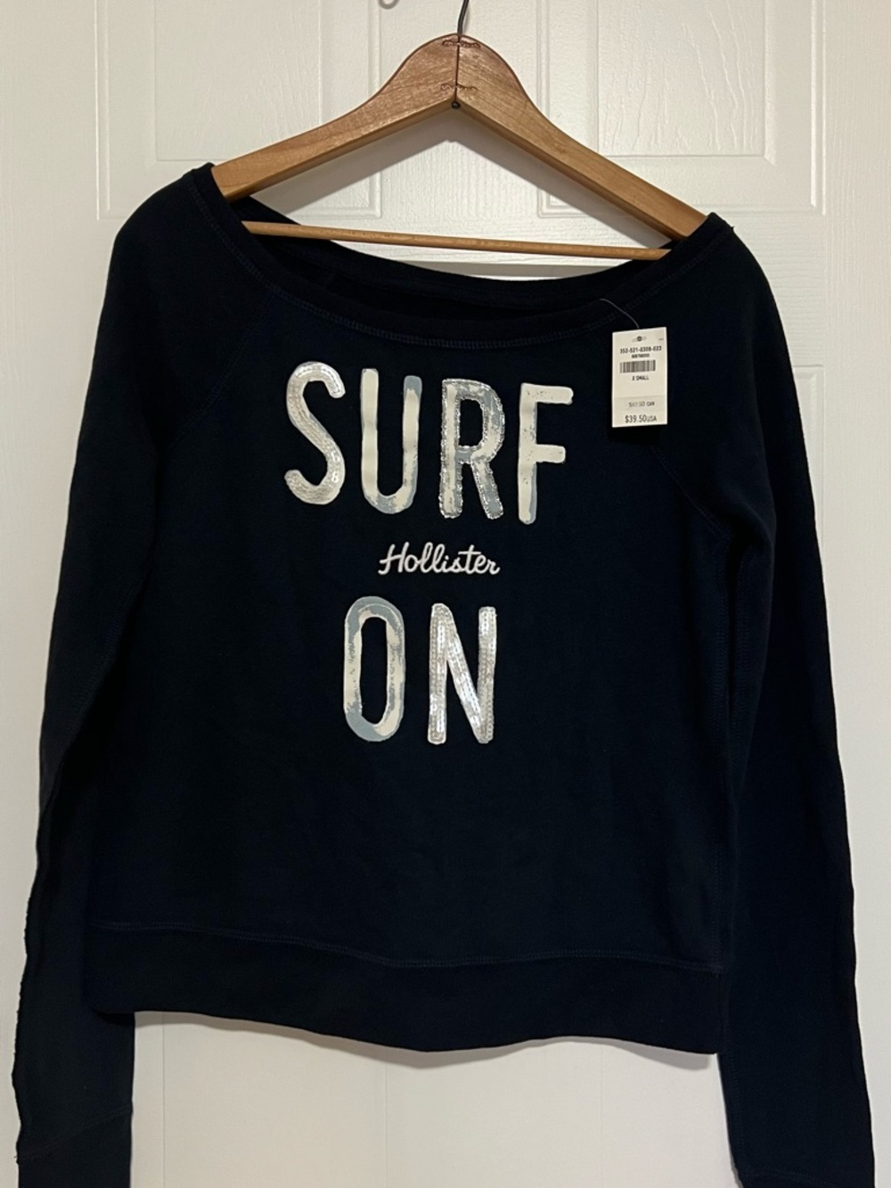 BNWT- Hollister Navy Blue Boat-Neck Sweater with Silver Sequin 'SURF ON' Letters